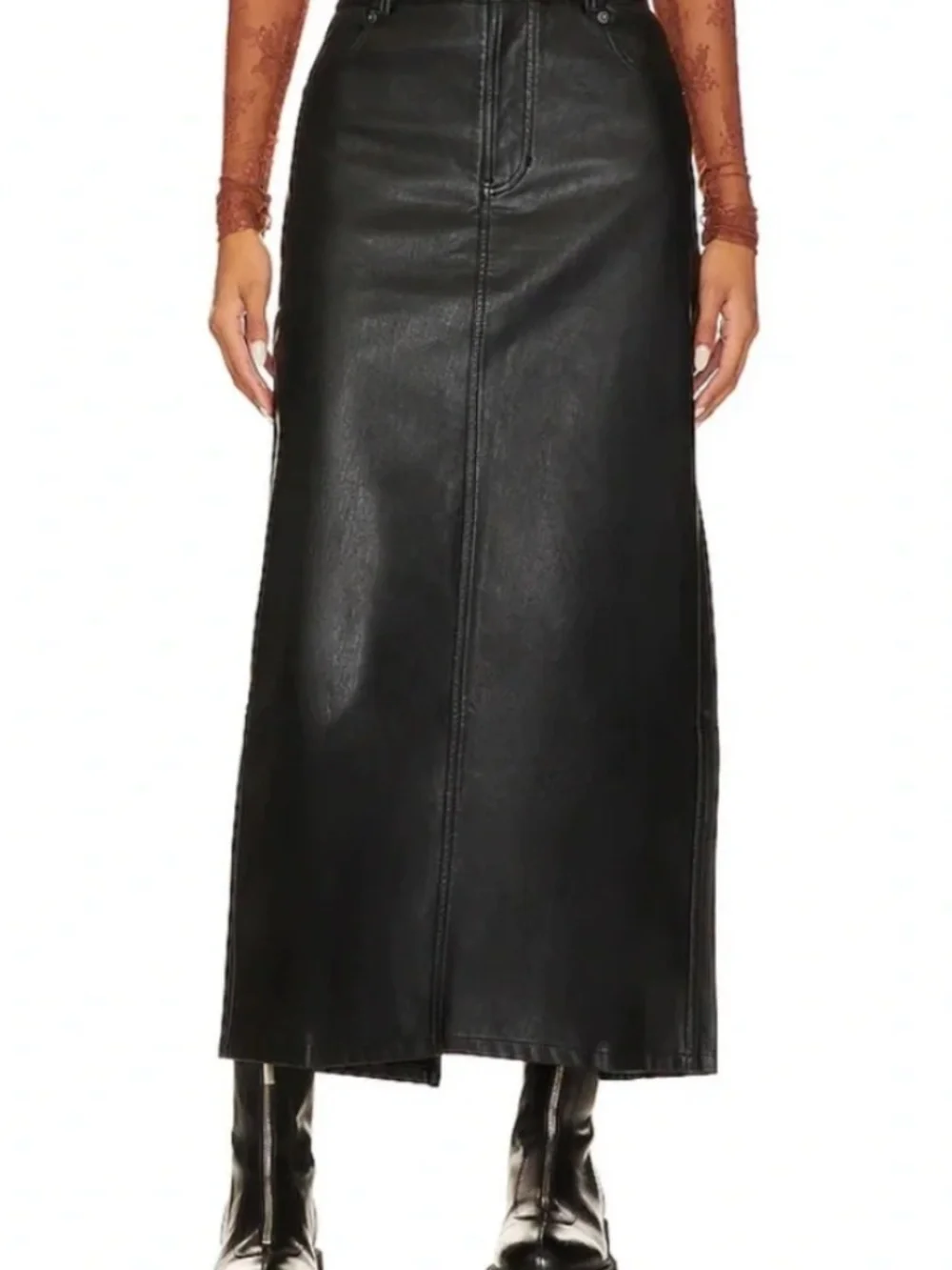 Free People City Slicker Vegan Leather Maxi Skirt Black High Rise A-Line Slit - Picture 10 of 14